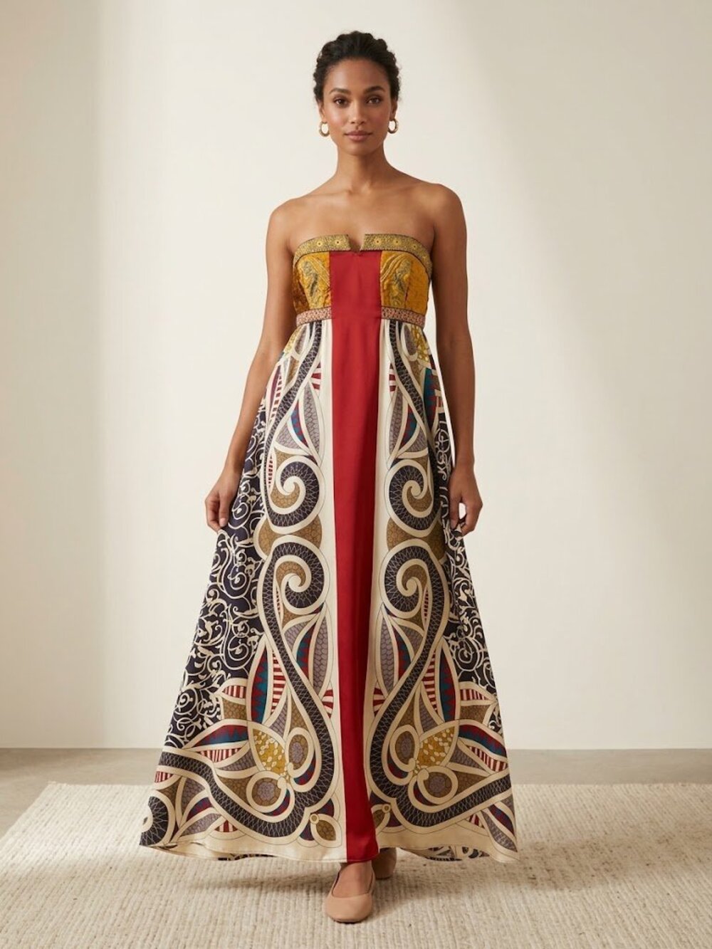 Nicole Millers 90s Bold Patterned Midi Skirt in Red, Black & Gold